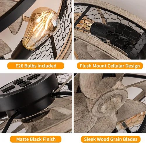 Vista 3 de WWM 20'' Flush Mount Caged Ceiling Fan with Light, Low Profile Farmhouse Ceiling Fans with Remote, 3 Speeds,Reversible Motor Fan for Small Space,Fan