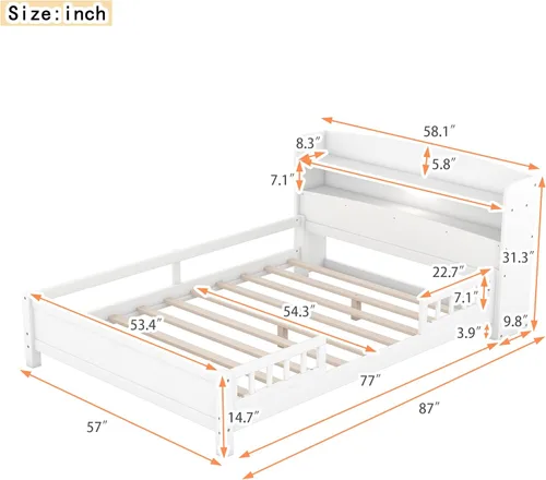 Vista 9 de Cama de plataforma de madera tamaño individual con luz LED integrada, cabecera de almacenamiento y barandilla de seguridad para niños, adolescentes