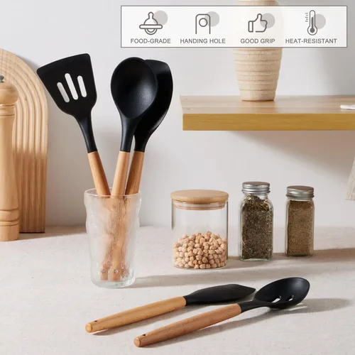 Vista 5 de E-far - Juego de utensilios de cocina de silicona, 5 piezas, juego de utensilios de cocina negros con mango de madera para cocinar, espátulas