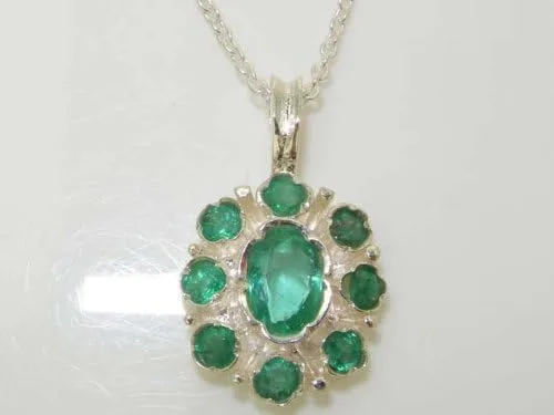 Vista 2 de Ladies Solid 925 Sterling Silver Natural Emerald Pendant Necklace with English Hallmarks