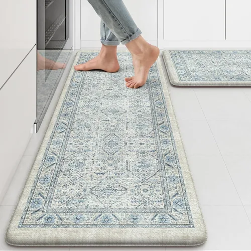 KIMODE Juego de 2 tapetes de cocina antifatiga para piso, tapetes de cocina bohemios vintage, tapetes acolchados antideslizantes y cómodos para