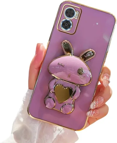 Vista 7 de Funda de silicona compatible con Motorola E22 con lindo soporte de conejo de dibujos animados para Motorola E22 Slim TPU galvanizado antihuellas 1