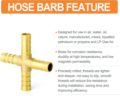 Vista 3 de GASHER 5 púas de manguera de latón de 1/2 pulgada, accesorio de manguera de 4 vías con 20 intersección de abrazadera