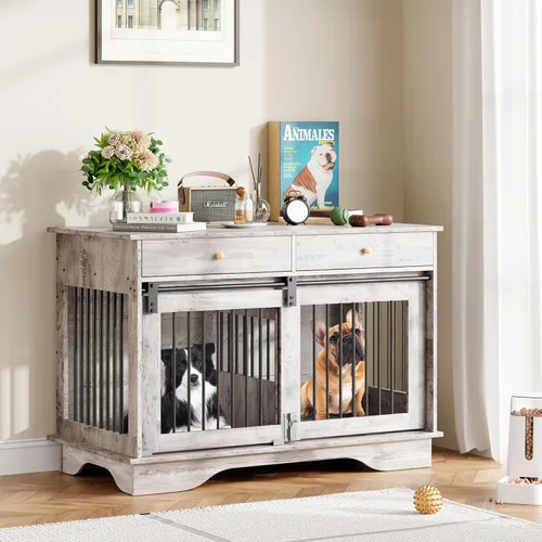 Vista 7 de Caja de mueble para perros de 47", Caja de perro estilo mueble grande para perros grandes/medianos/pequeños (Gris retro, una jaula)