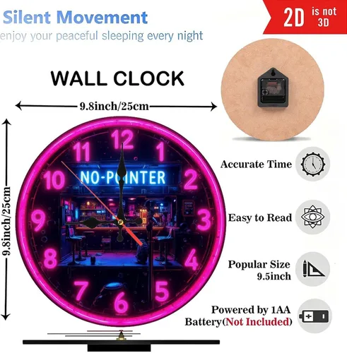 Vista 3 de Neon Clock Bar Retro Cyberpunk Wall Clock 10-Inch Wooden Wall Clock, Silent Movement, Battery Operated (AA Batteries Not Included), Artistic Home