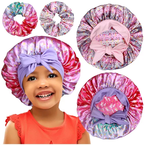 Vista 8 de 2+2 gorros de satén con coleteros para niños, bonitos gorros de pelo para niñas para dormir cabello rizado, A