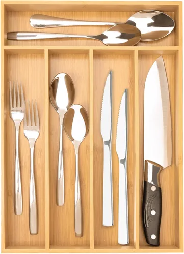 Vista 8 de Acacia - Organizador de cajones de cubiertos con 4 ranuras - Soporte para cubiertos con bandeja para cubiertos