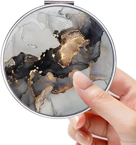 Acedada Espejo de maquillaje de viaje compacto, plegable de mano de doble cara 1x/2x espejo de aumento para mujeres - negro dorado