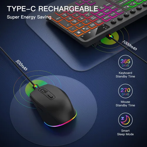 Vista 5 de Wireless Keyboard and Mouse Combo with Backlit - Soueto Full Size Ergonomic Keyboard with Phone Tablet Holder, 2.4GHz Lag-Free Silent Computer Mouse