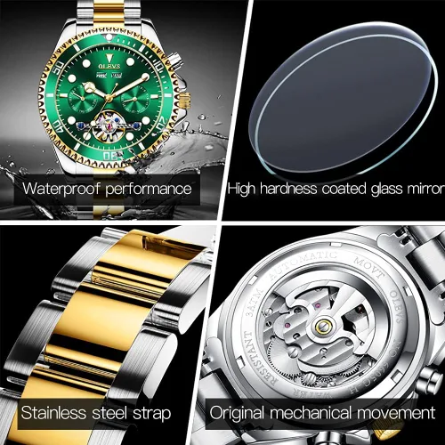 Vista 4 de OLEVS Reloj automático para hombres, reloj mecánico de cuerda automática, calendario para hombres, reloj de pulsera de acero inoxidable con esfera