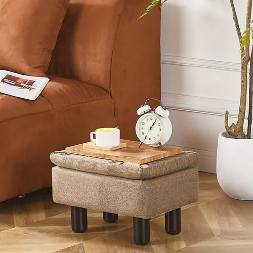 Vista 41 de Cpintltr Taburete de lino pequeño otomano rectangular para pies tapizado con patas de madera maciza, taburetes decorativos modernos, color gris