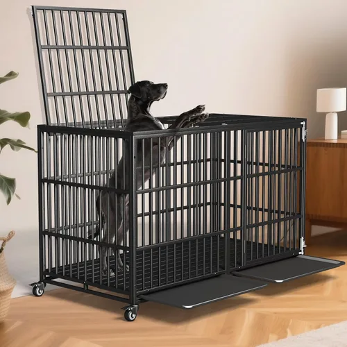 Vista 6 de Jaula para perros de 64 pulgadas, resistente, indestructible, para razas gigantes extra grandes, puertas dobles, ruedas con cerradura, alta