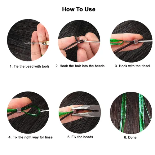 Vista 7 de Kit de oropel para el cabello con herramientas, extensiones de cabello de oropel negro, 6 piezas, 1200 hebras con brillantina, kit de oropel