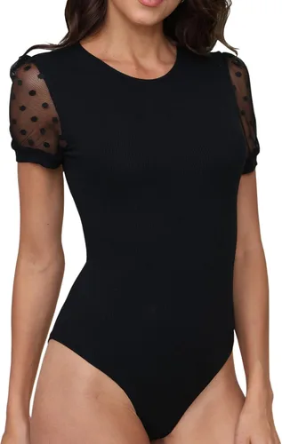 Body de manga larga con cuello alto y lunares para mujer, de malla transparente