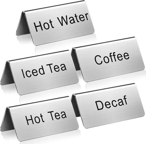 Hicarer 5 letreros de acero inoxidable para mesa de tienda de campaña, letreros de café, té y bebidas, exhibición de mesa para fiestas, bufé,