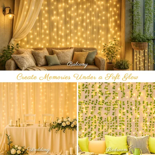 Vista 7 de HEYFUNi luces de cortina LED 304 para exterior, 3 m*3 m de luces colgantes con enchufe y 8 modos, luces de hadas para cortina conectables