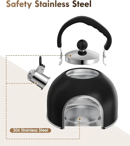 Vista 7 de Hervidor de té de acero inoxidable premium para estufa - Tetera clásica de 2 cuartos para estufa, hervidor de silbato fuerte con mango ergonómico