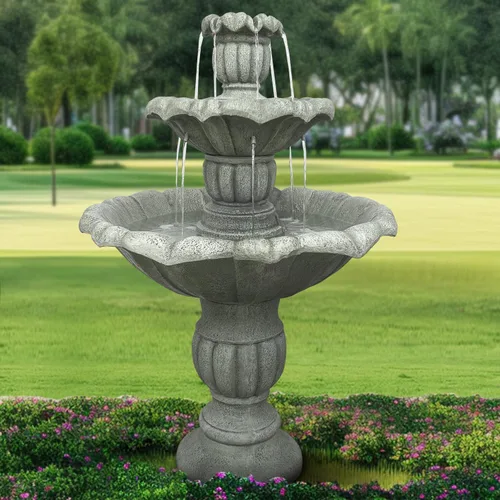 Fuente de agua de piso al aire libre de 39.3” H, fuente de agua de hormigón de 3 niveles con bomba eléctrica sumergible - Cascada en cascada para