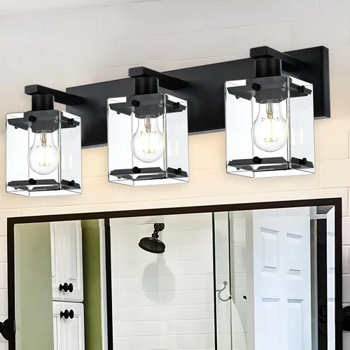 Vista 24 de Lámpara de pared de 2 luces, lámpara de tocador de baño de níquel cepillado con vidrio esmerilado rectangular para sobre espejo, base de bombilla E26