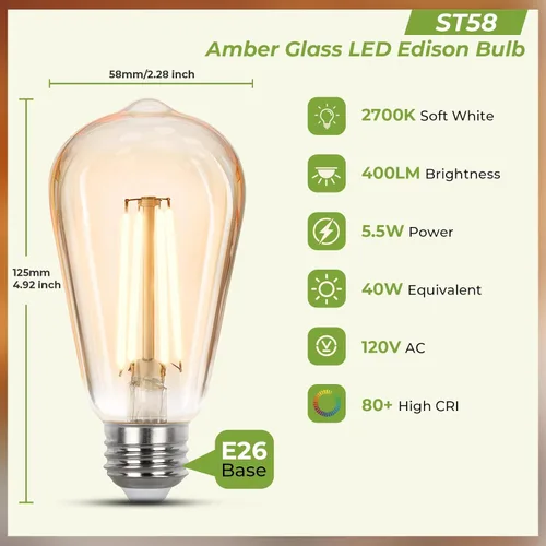 Vista 2 de Sigalux Bombillas LED Edison regulables equivalentes a 40 vatios, bombilla E26 2700K blanco cálido, bombillas LED vintage ST58 de vidrio ámbar, 90+