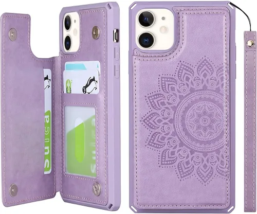 Vista 12 de iCoverCase Funda compatible con iPhone 11 con tarjetero para mujer, bloqueo RFID en relieve, piel sintética con correa de muñeca de 6.1 pulgadas