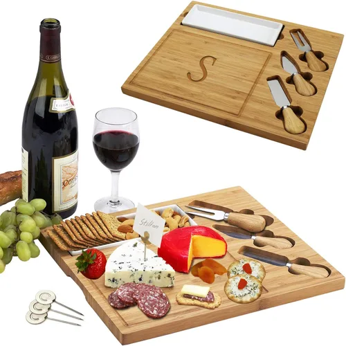 Vista 8 de Picnic at Ascot - Tabla de quesos de bambú grabada, personalizada, con 3 cuchillos de queso, plato de cerámica y marcadores de queso, diseño