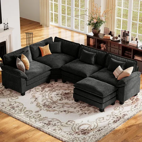 Vista 39 de Sofá modular de gran tamaño de 154 pulgadas, cómodo sofá en forma de U con 3 otomanas móviles, sofá moderno de felpilla de 7 plazas para sala