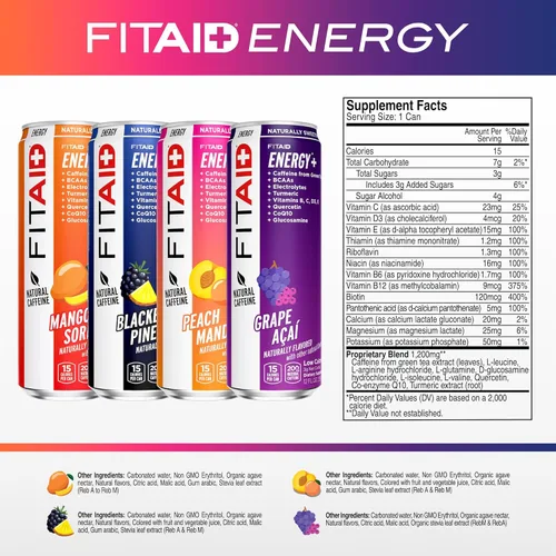 Vista 2 de FITAID ENERGY, 200 mg de cafeína natural, Keto, paquete variado, fórmula de rendimiento óptimo: BCAAs, quercetina, electrolitos, Omega-3s, 15