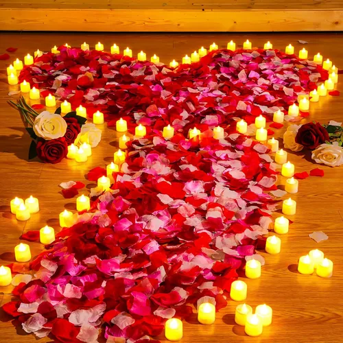 Vista 10 de Coume 6000 pétalos de rosa artificiales con 72 velas LED sin llama, decoraciones románticas, velas falsas, decoraciones de aniversario para el día