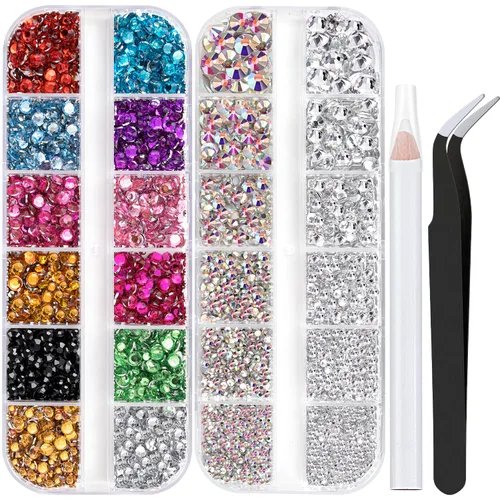 Dos paquetes de diamantes de imitación de parte trasera plana, 4520 piezas, diamantes de imitación coloridos para uñas, multicolor + AB + gemas