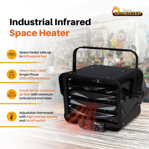 Vista 2 de Dr. Heater DR966 - Calentador comercial de garaje con cable de 240 voltios, 3000 vatios/6000 vatios, DR966 240 V, negro