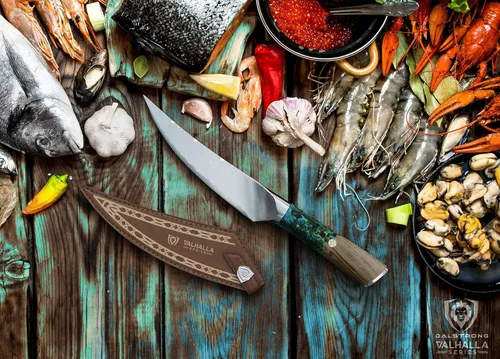 Vista 8 de Dalstrong Cuchillo de filete – 6.5 pulgadas – Serie Valhalla – 9CR18MOV HC Steel – Cuchillo de cocina para regalo de resina celestial y mango