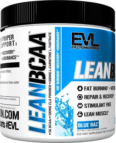 Vista 4 de Evlution Nutrition LeanBCAA, BCAA, CLA y L-Carnitina, sin estimulantes, recupera y quema grasa, sin azúcar ni gluten, 30 porciones (azul Raz)