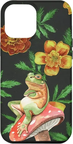 Vista 6 de iPhone 15 Frog on Mushroom Marigolds Orange Yellow Plant Pattern Case