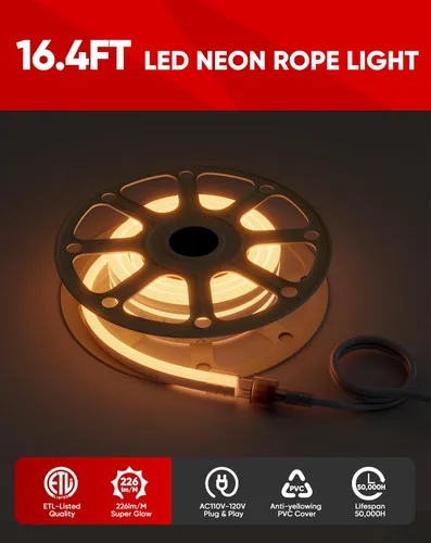 Vista 4 de Shine Decor Productos del paquete de clip de montaje con 2500K Warm 16.4ft LED Neon Rope Lights Kit