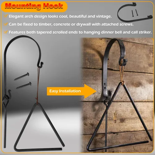 Vista 6 de Campana triangular con colgador de metal y llamada, campana clásica de acero fundido para decoración de Chuck Wagon