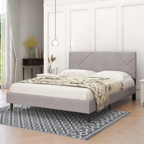 Vista 3 de Moderna base de cama tapizada de lino con cabecera capitoné, soporte de listones de madera, base de colchón, no necesita somier, marco de cama Beige