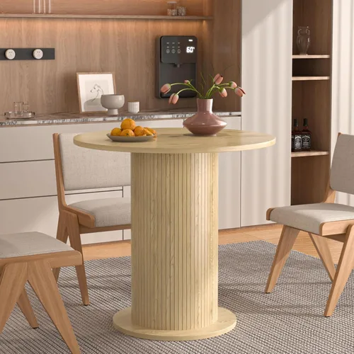 Vista 9 de Mesa de comedor redonda de 59 pulgadas para 6, moderna mesa de cocina de granja, mesas de comedor circulares con base de tira de madera para cocina