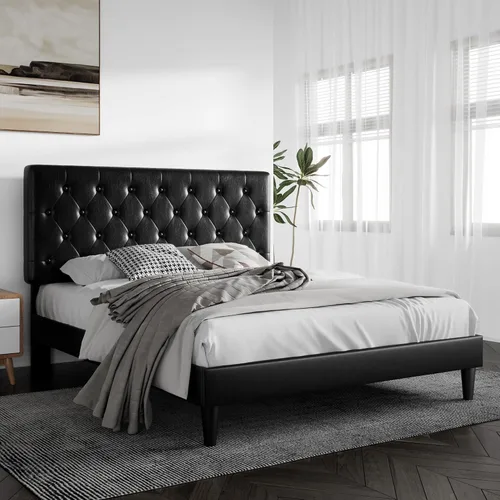 Vista 3 de SHA CERLIN Base de cama de plataforma tamaño Queen con cabecera capitoné con botones, base de colchón tapizada de piel sintética, soporte de Negro