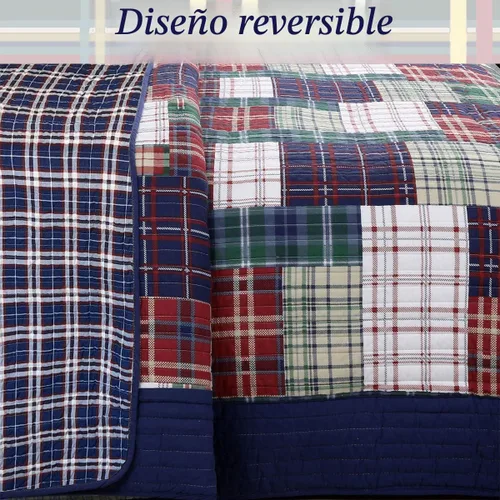 Vista 7 de Cozy Line Home Fashions Juego de ropa de cama acolchado reversible de 100% algodón con rayas azul marino y rojas, estrella patriótica para niño