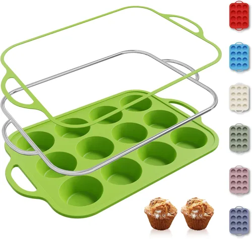 Vista 42 de 12 Tazas Molde para Muffins de Silicona con Marco Reforzado de Metal, Molde Regular para Cupcakes, Bandeja para Huevos, Moldos Circulares