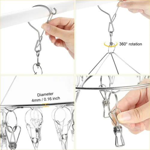 Vista 4 de [Paquete de 2] Percha de secado de ropa plegable con 72 clips en total, de acero inoxidable, ahorrador de espacio, con clavija para calcetines, ropa