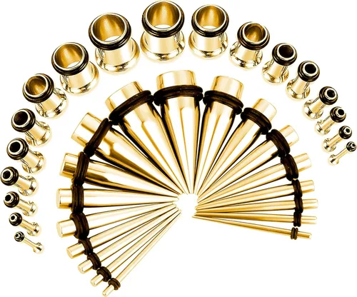 BodyJ4You Kit de estiramiento de orejas de 36 piezas, calibre 14G-00G para principiantes, de acero quirúrgico, tapones de una sola llamarada,