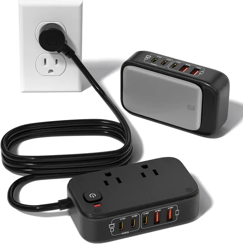 Vista 10 de Regleta de alimentación 7 en 1, regleta de alimentación PD USB C de 85W con 3 USB-C, 2 puertos USB-A y toma de corriente AC de 2500W, enchufe plano