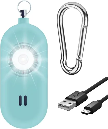 Alarma de seguridad personal recargable para mujer. Sirena de 130 dB. Llavero de sirena con luz estroboscópica LED intermitente (aguamarina)
