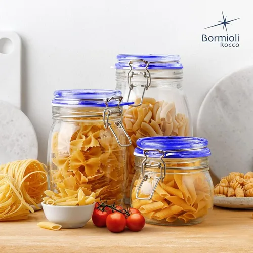 Vista 7 de Bormioli Rocco Fido – Tarro cuadrado con tapa azul, Transparente