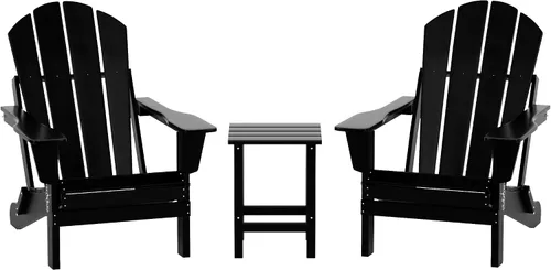 HDPE Laguna - Juego de 3 sillas Adirondack de polietileno para exteriores con mesa auxiliar, color negro