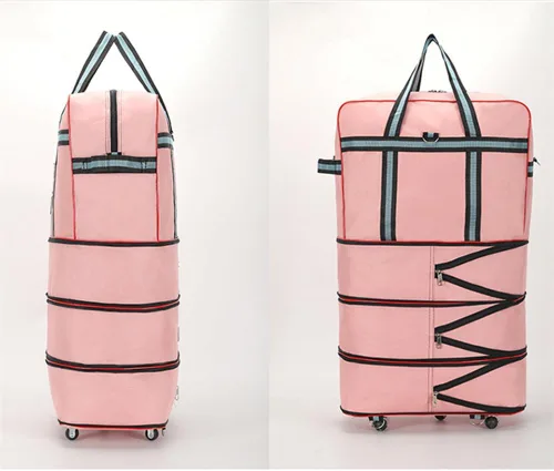 Vista 4 de Radefasun Bolsa de viaje Oxford expandible extra grande con ruedas, impermeable, ligera, plegable, maleta, Rosado, Equipaje extensible central