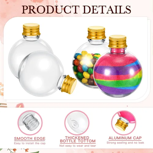 Vista 3 de FoldTier 48 botellas de plástico para poción con tapas, botellas redondas de arena de 3.4 onzas, recipientes esféricos de plástico transparente