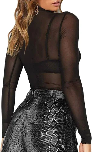 Vista 3 de Blusa de manga corta o larga para club, pura malla traslúcida, estilo body